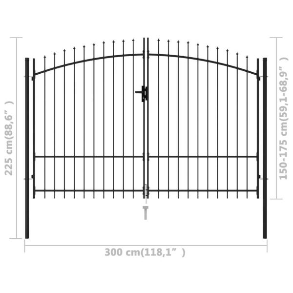 Fence Gate Double Door with Spike Top Steel Black – 3×1.75 m