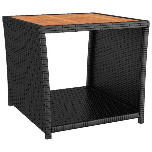 Tea Table with Wooden Top Poly Rattan – Black, Solid Acacia Wood