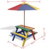 Kids’ Picnic Table with Benches and Parasol Multicolour Wood