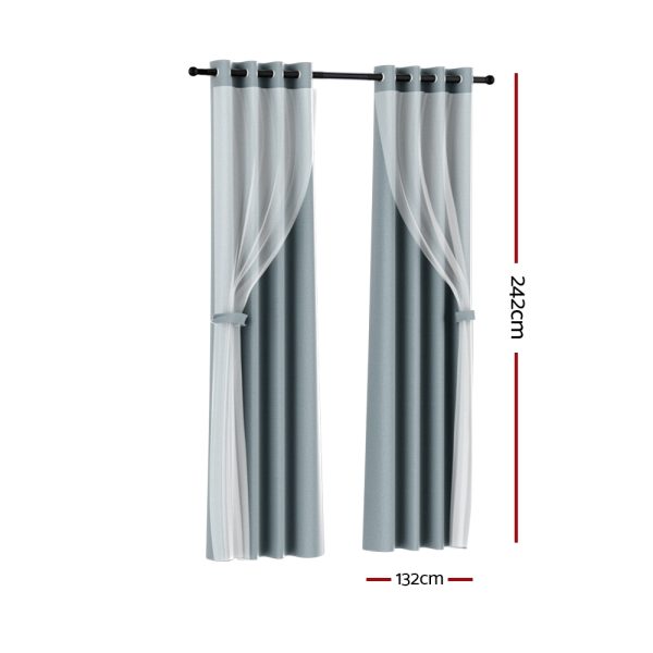 2X 132x242cm Blockout Sheer Curtains Light Grey