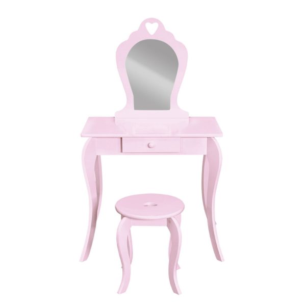 Kids Vanity Dressing Table Stool Set Mirror Princess Children Makeup – Pink