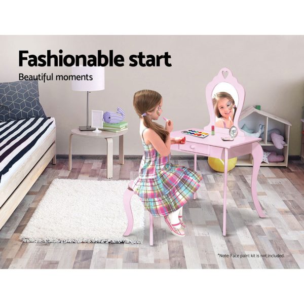 Kids Vanity Dressing Table Stool Set Mirror Princess Children Makeup – Pink