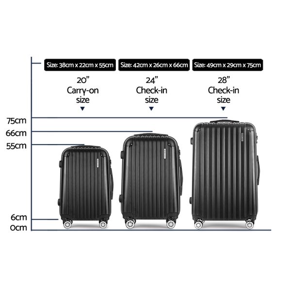 3pcs Luggage Set Travel Suitcase Storage Organiser TSA lock – Black