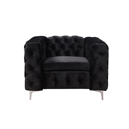 Clydebank Sofa Classic Button Tufted Lounge in Black Velvet Fabric with Metal Legs – 1 Seater