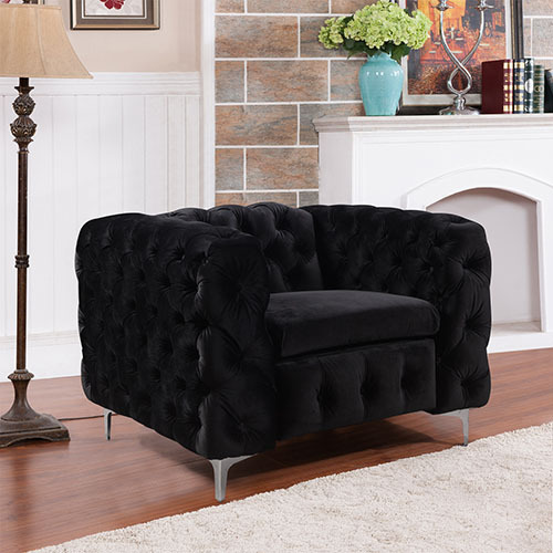 Clydebank Sofa Classic Button Tufted Lounge in Black Velvet Fabric with Metal Legs – 1 Seater