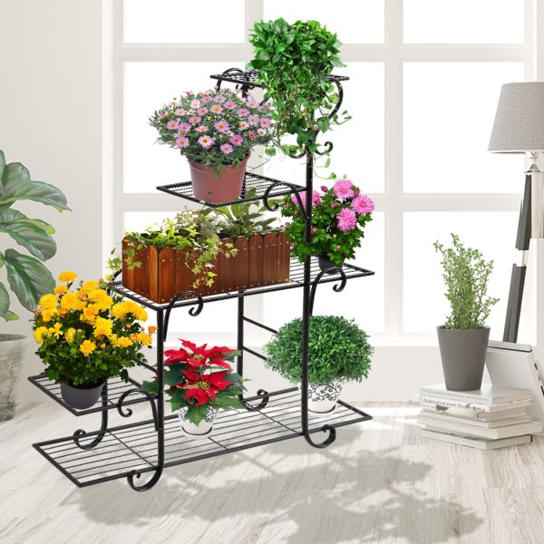 Outdoor Indoor Plant Stand Metal Flower Pot Garden Corner Shelf Stands – Black