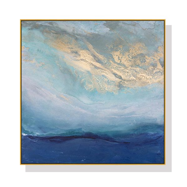 Abstract gold blue square size Gold Frame Canvas Wall Art