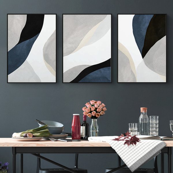 Abstract Navy Blue 3 Sets Black Frame Canvas Wall Art – 40×60 cm