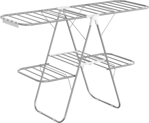 Foldable 2-Level Large Clothes Drying Rack with Adjustable Wings 33 Drying Rails and Clips Silver and White