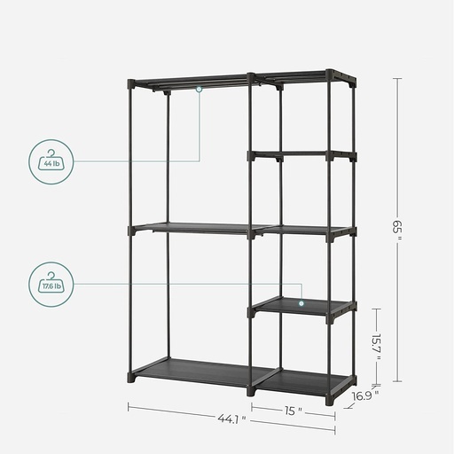 Portable Closet Wardrobe with 2 Hanging Rods Black