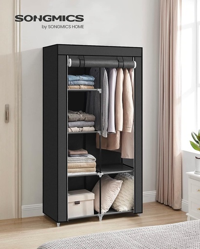 Portable Clothes Storage Organizer with 6 Shelves and 1 Clothes Hanging Rail Black RYG84BK