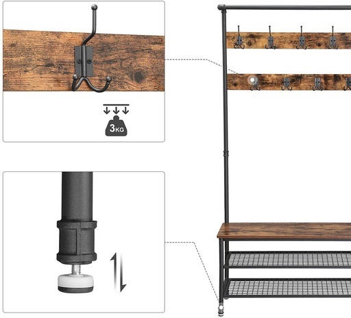 Coat Rack Stand with 9 Hooks and Shoe Rack, Industrial Style, Multifunctional Hall Tree, Sturdy Steel Frame