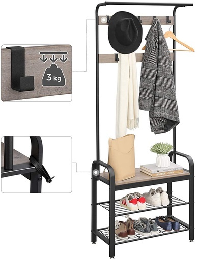 Entryway Hall Tree Coat Rack 183cm Shoe Bench with Shelves Greige and Black