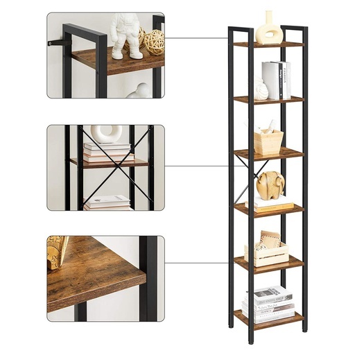 Narrow Bookcase Small 6-Tiers Bookshelf Industrial Rustic Brown and Black