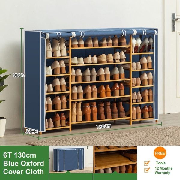 Cover Six Tier Oxford Cloth Covered Tower Bamboo Wooden Shoe Rack Boot Shelf Stand Storage Organizer – Blue