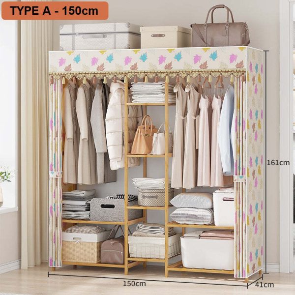 150cm Width Bamboo Clothes Rack Garment Closet Storage Organizer Hanging Rail Shelf Fabric Dustproof Cover – Type A – 150cm