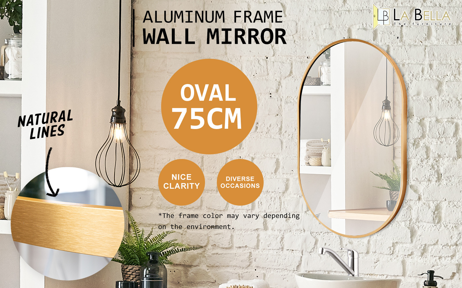 2 Set Wall Mirror Oval Aluminum Frame Bathroom 50x75cm GOLD