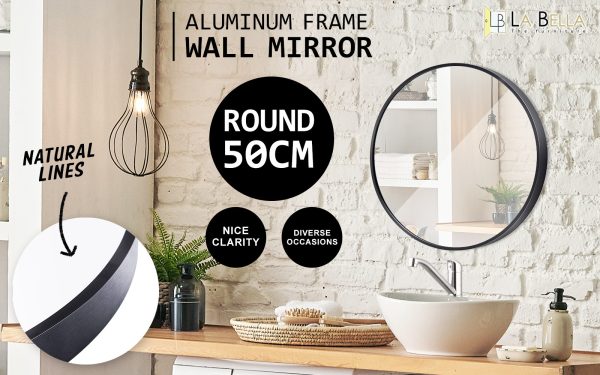 La Bella Wall Mirror Round Aluminum Frame Makeup Decor Bathroom Vanity – 50 cm, Black