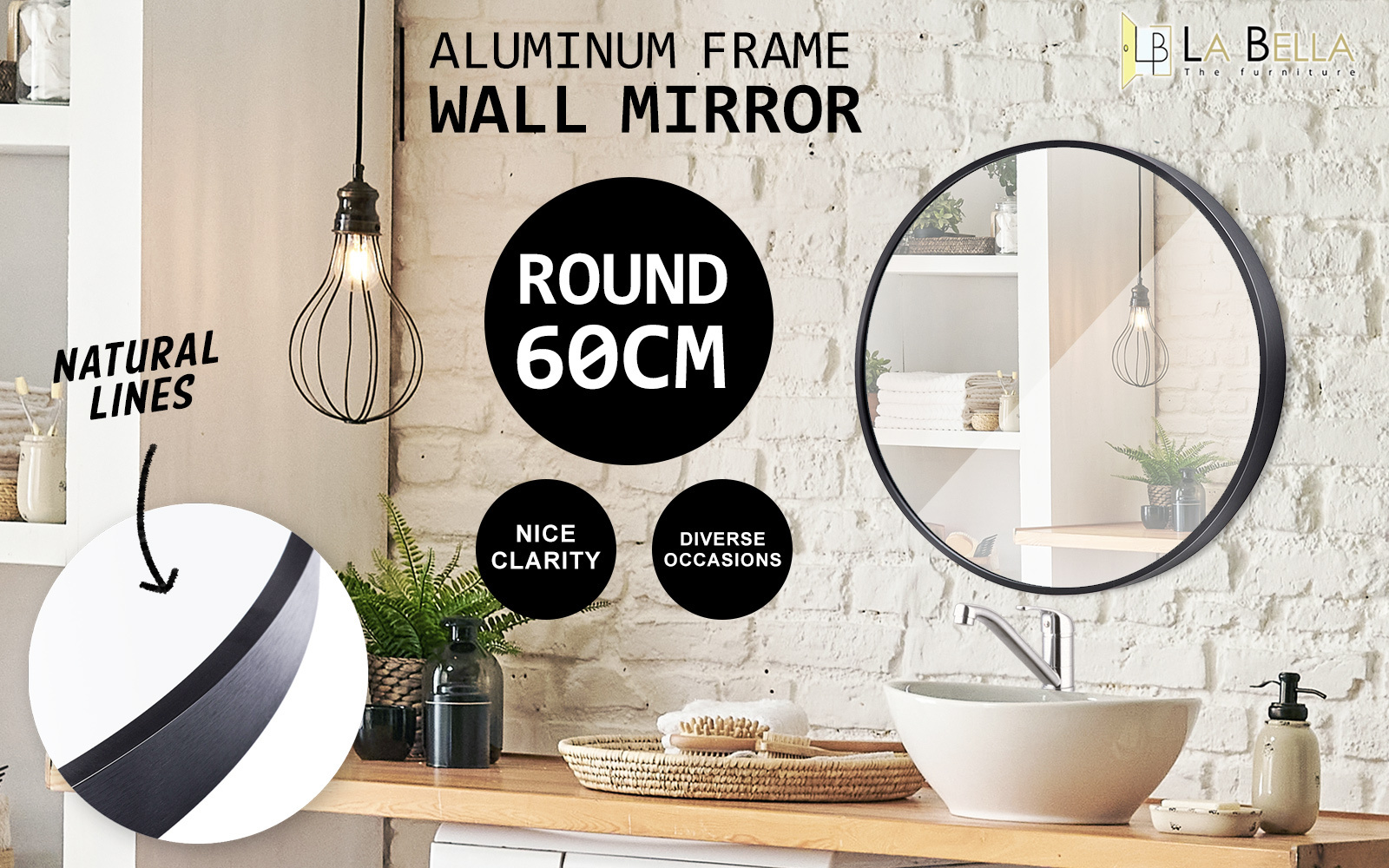 2 Set Wall Mirror Round Aluminum Frame Bathroom 60cm BLACK