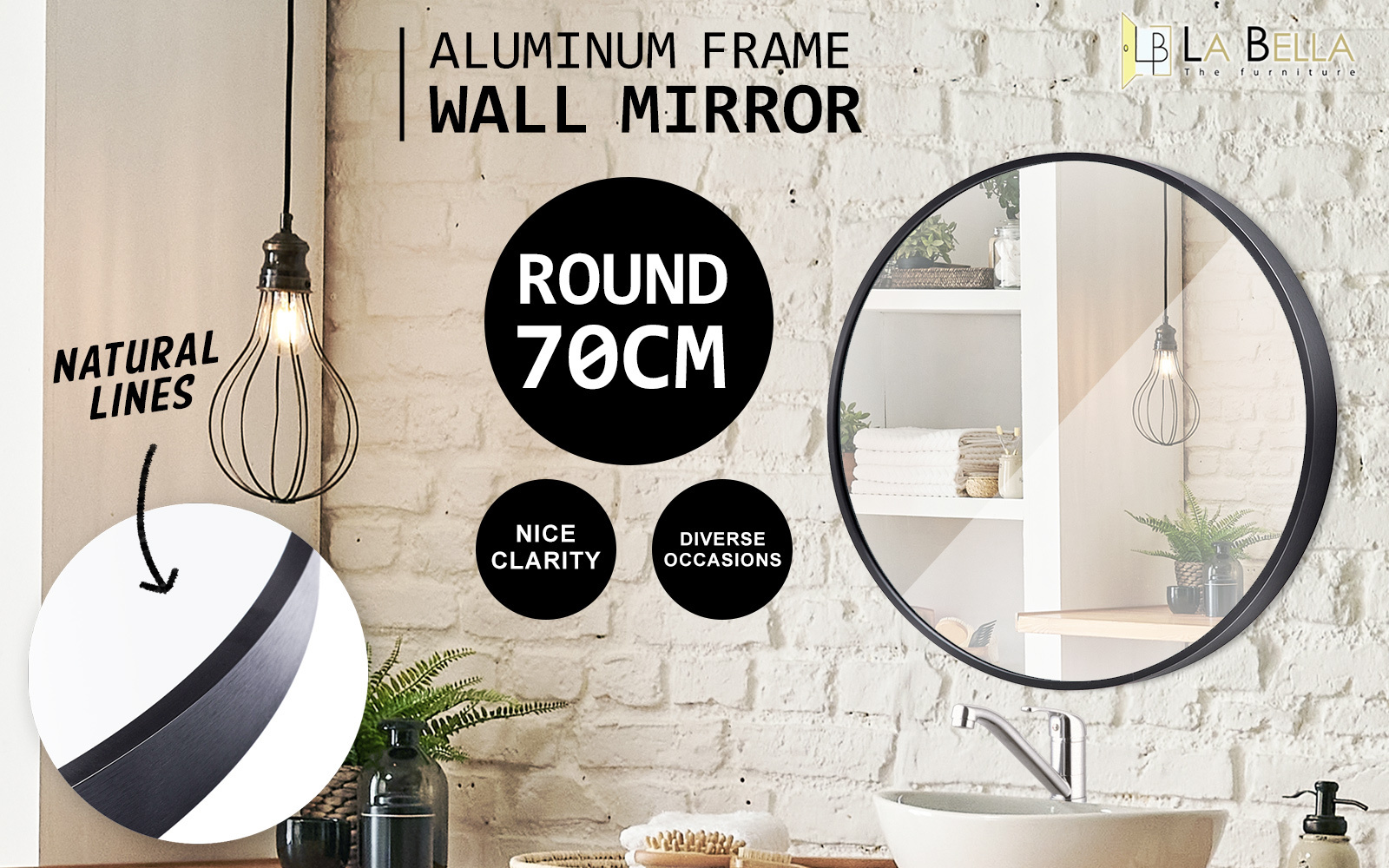 2 Set Wall Mirror Round Aluminum Frame Bathroom 70cm BLACK