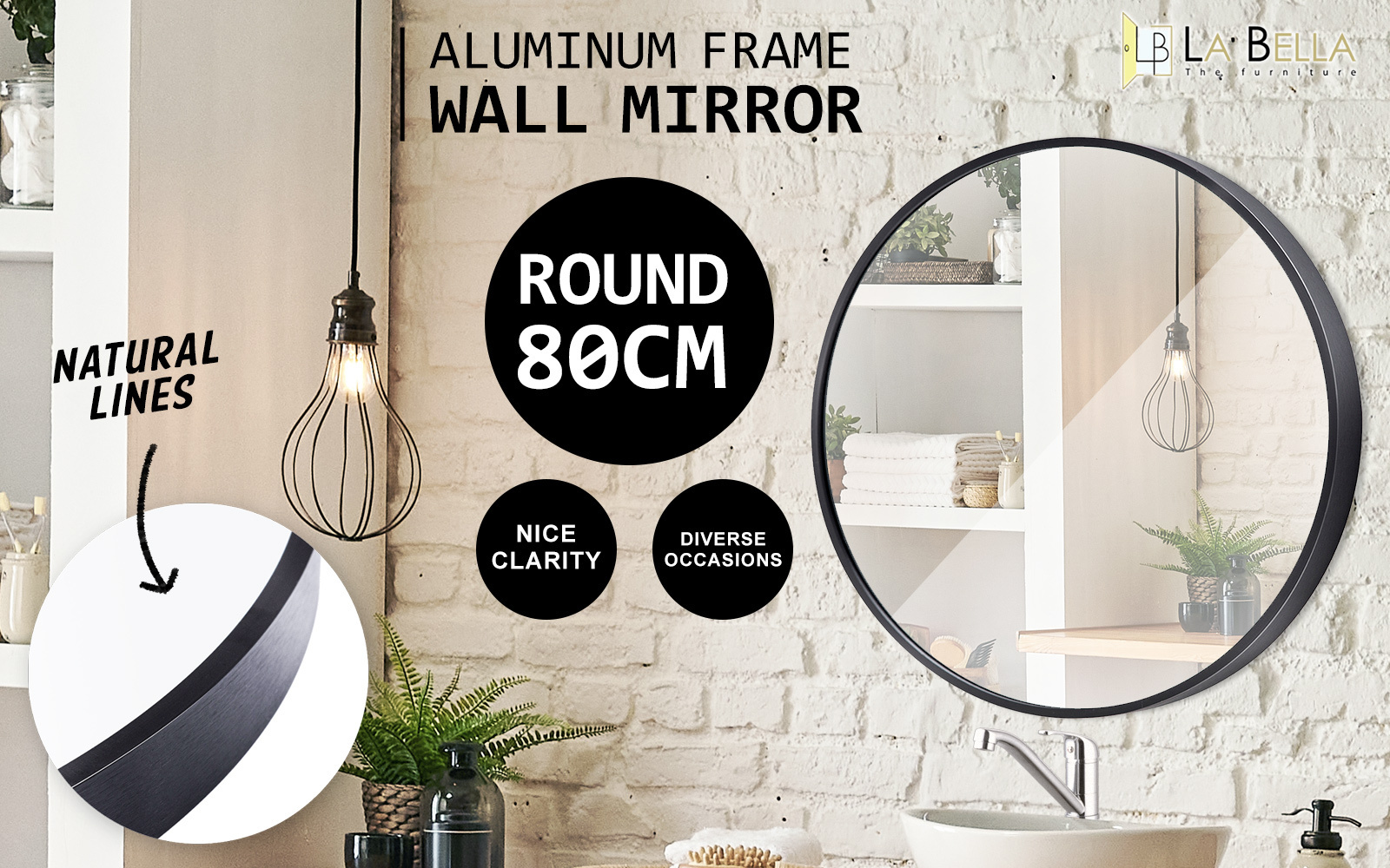 2 Set Wall Mirror Round Aluminum Frame Bathroom 80cm BLACK