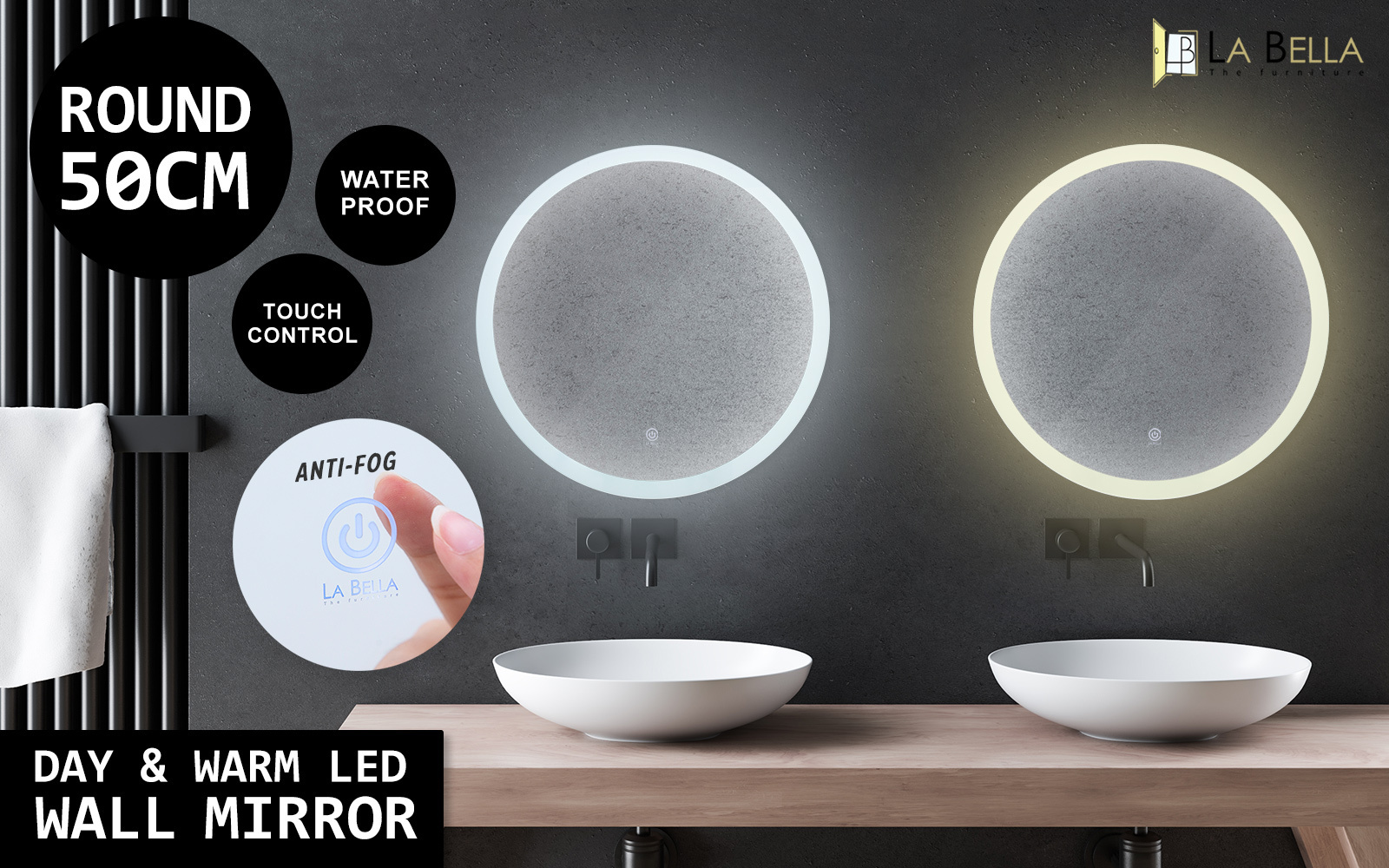 La Bella LED Wall Mirror Round Touch Anti-Fog Makeup Decor Bathroom Vanity