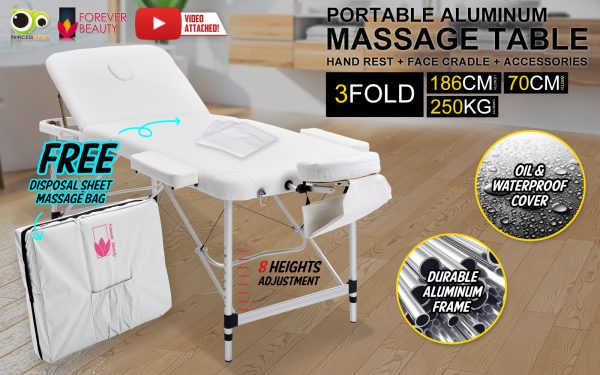 Forever Beauty Portable Beauty Massage Table Bed Therapy Waxing 3 Fold Aluminium – 186×70 cm, White