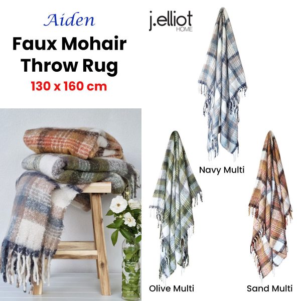 Aiden Multi Faux Mohair Throw Rug with Fringe 130 x 160cm – Navy