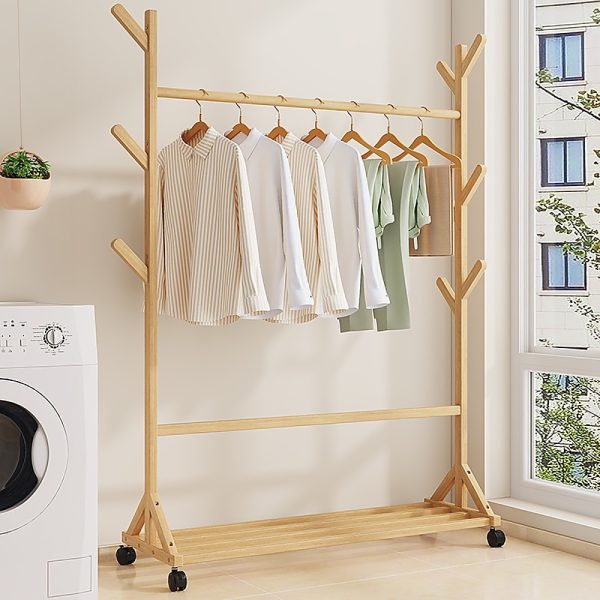 Portable Clothes Rack Coat Garment Stand Bamboo Rail Hanger Airer Closet, – Wooden