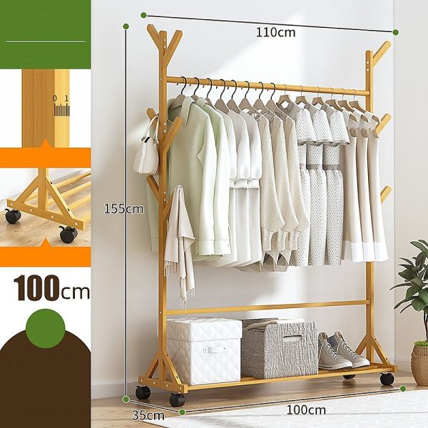 Portable Clothes Rack Coat Garment Stand Bamboo Rail Hanger Airer Closet, – Wooden