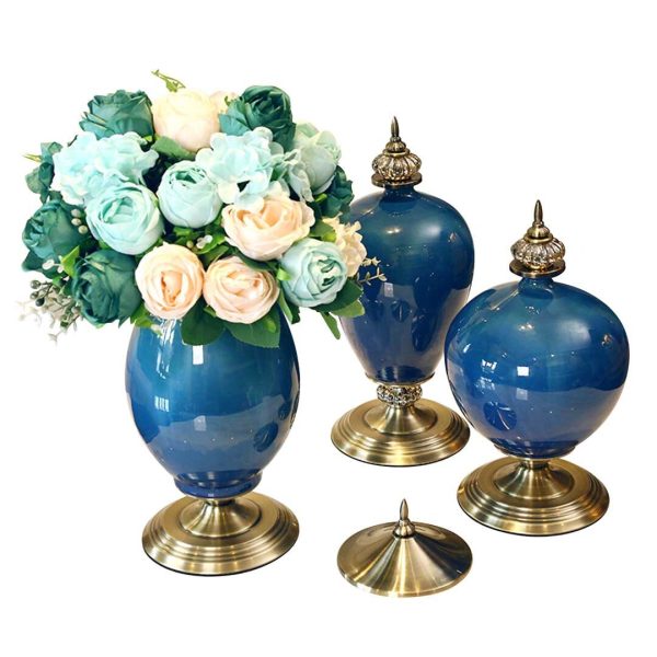 3x Ceramic Oval Flower Vase with Blue Flower Set – Dark Blue