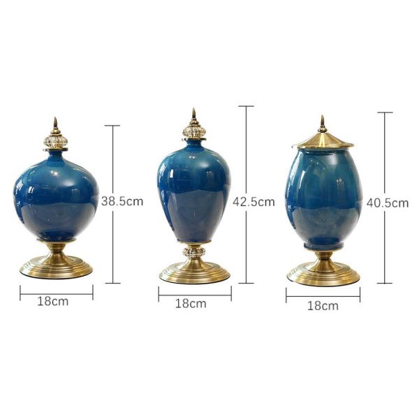 3x Ceramic Oval Flower Vase with Blue Flower Set – Dark Blue