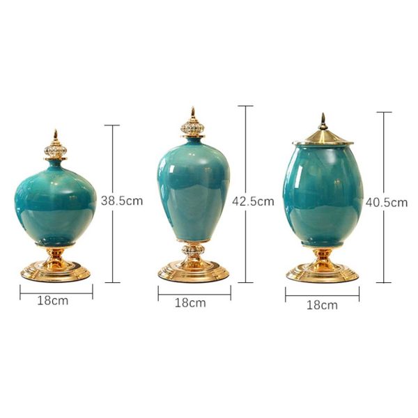 3x Ceramic Oval Flower Vase with Blue Flower Set – Green