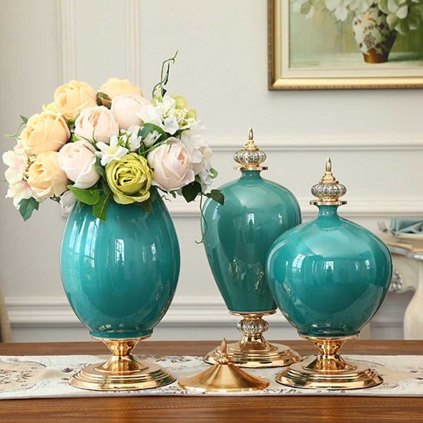 3x Ceramic Oval Flower Vase with Blue Flower Set – Yellow