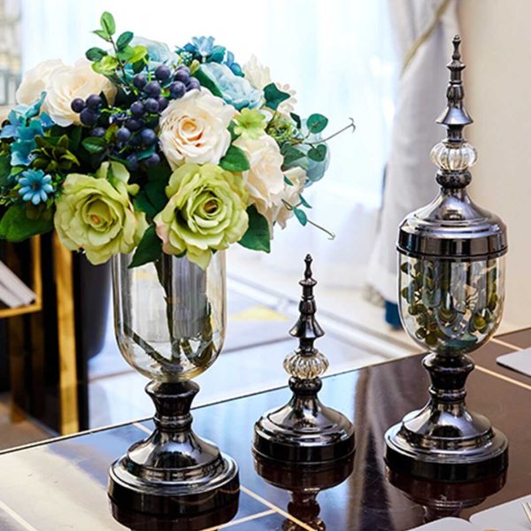 2 x Clear Glass Flower Vase with Lid and White Flower Filler Vase Set – Black