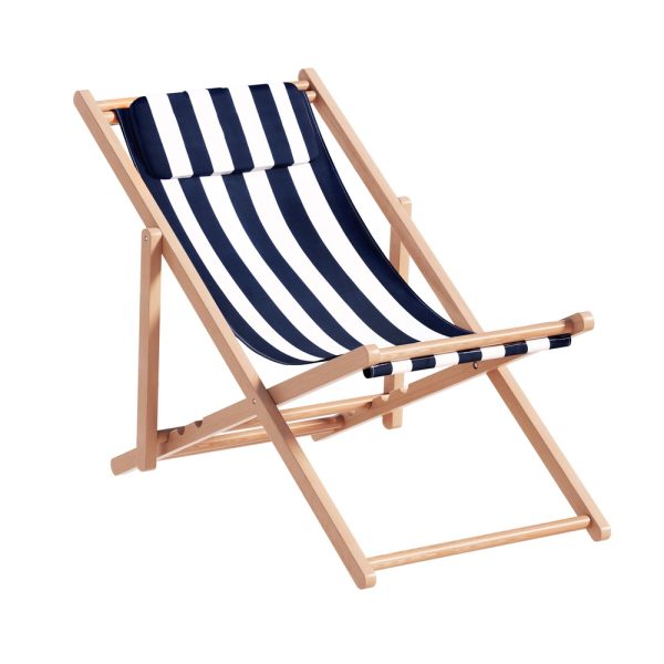 Outdoor Chairs Sun Lounge Deck Beach Chair Folding Wooden Patio Furniture – Beige and Blue