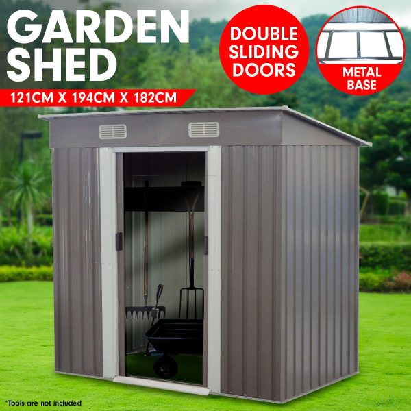 Garden Shed with Base Flat Roof Outdoor Storage – 121 x 194 x 182 cm, Grey