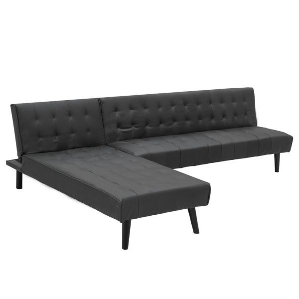 Galloway 3-Seater Faux Leather Wooden Sofa Bed Chaise Sofa  Black