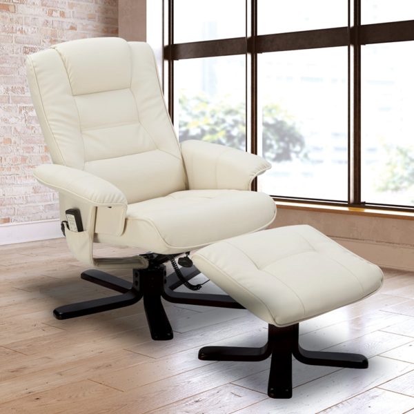 PU Leather Massage Chair Recliner Ottoman Lounge Remote – Cream