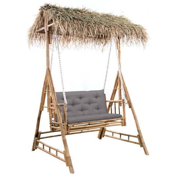 2-Seater Swing Bench with Palm Leaves and Cushion 202 cm Bamboo – Grey