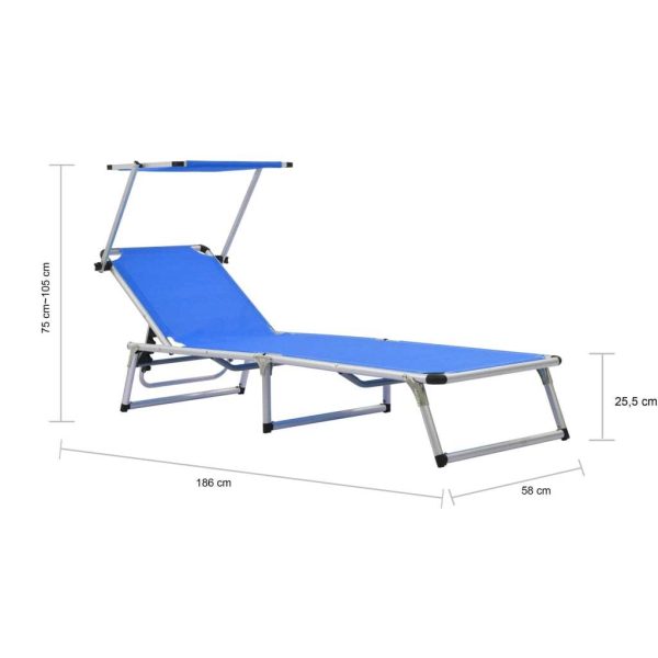 Folding Sun Lounger with Roof Aluminium and Textilene – Blue