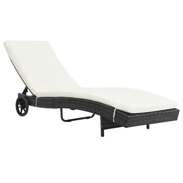 Sun Lounger with Wheels and Cushion Poly Rattan – Black