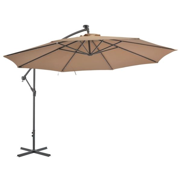 Hanging Parasol with LED Lighting Metal Pole – 350 cm, Taupe