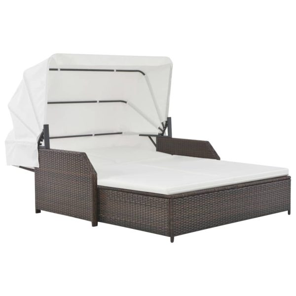 2-Person Sun Lounger with Canopy Poly Rattan – Brown