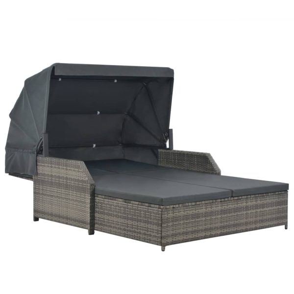 2-Person Sun Lounger with Canopy Poly Rattan – Grey