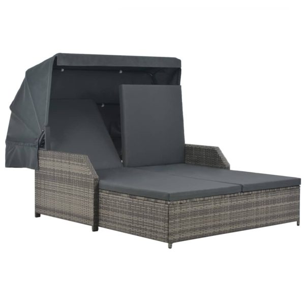 2-Person Sun Lounger with Canopy Poly Rattan – Grey