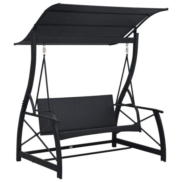 3-Seater  Garden Swing Bench with Canopy Poly Rattan – Black