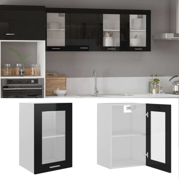 Cabinet Engineered Wood – High Gloss Black, Hanging Glass Cabinet 40 Cm