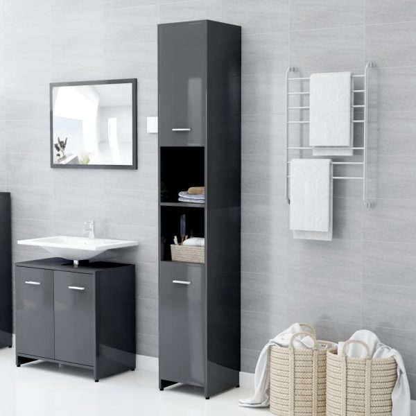 Bathroom Cabinet 30x30x183.5 cm Engineered Wood – High Gloss Grey, With Handle