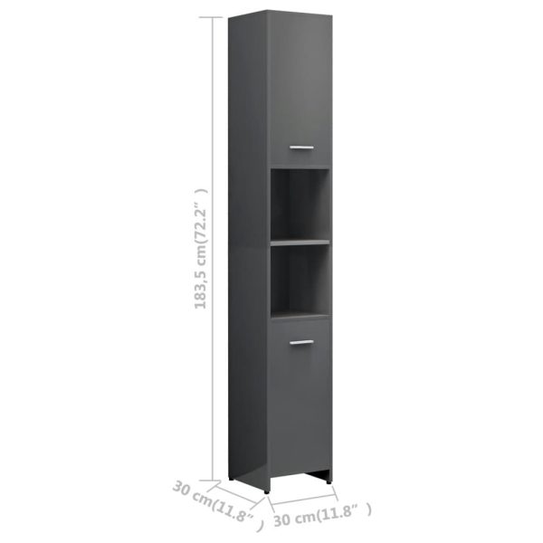Bathroom Cabinet 30x30x183.5 cm Engineered Wood – High Gloss Grey, With Handle